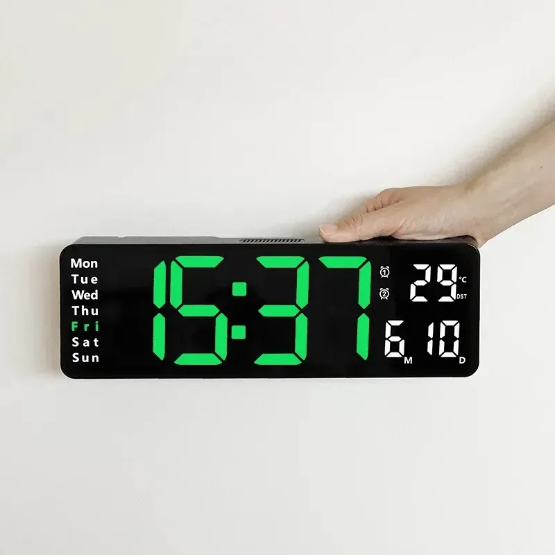 13 Inches Large LED Digital Wall Clock with Remote Control, Temperature Date Week Display, Dual Alarm